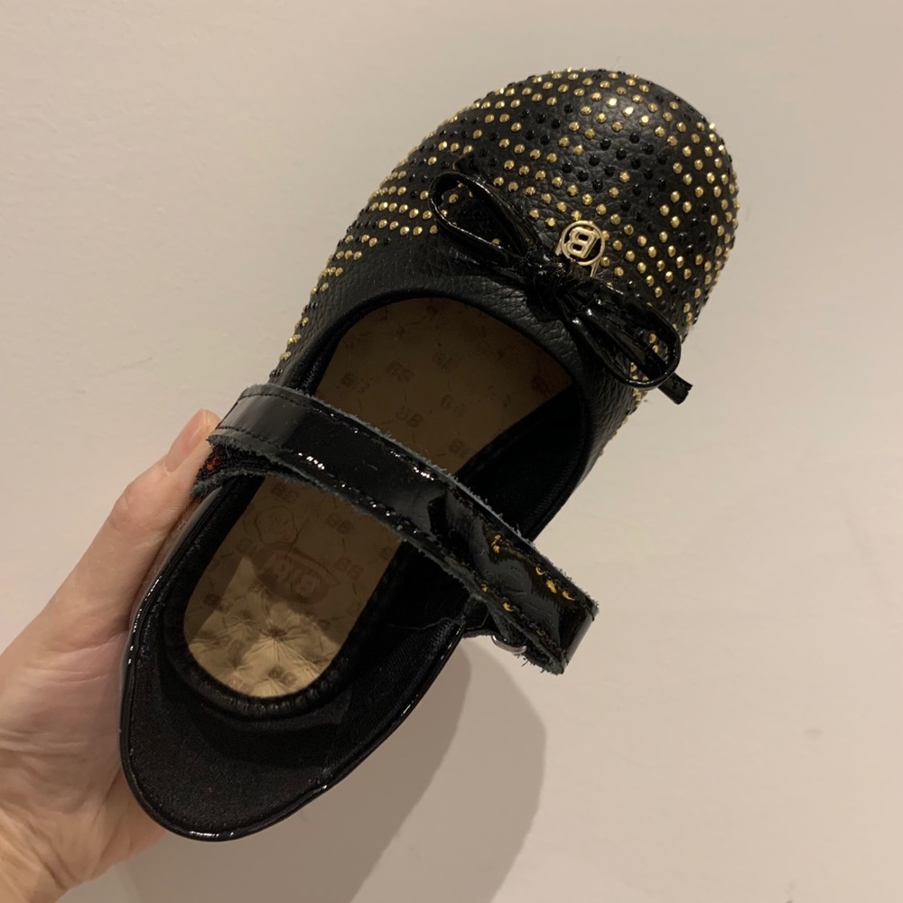 Bibi Black Leather Ballet Flats with Rhinestones and Ribbon Detail